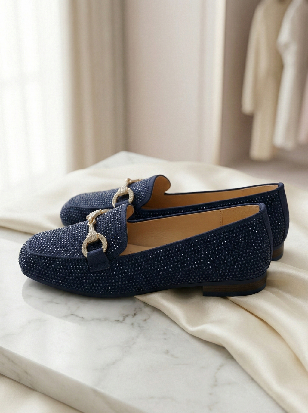 Mocassin Femme Bleu Marine Strass - Modèle Saphir avec Mors Bijou
