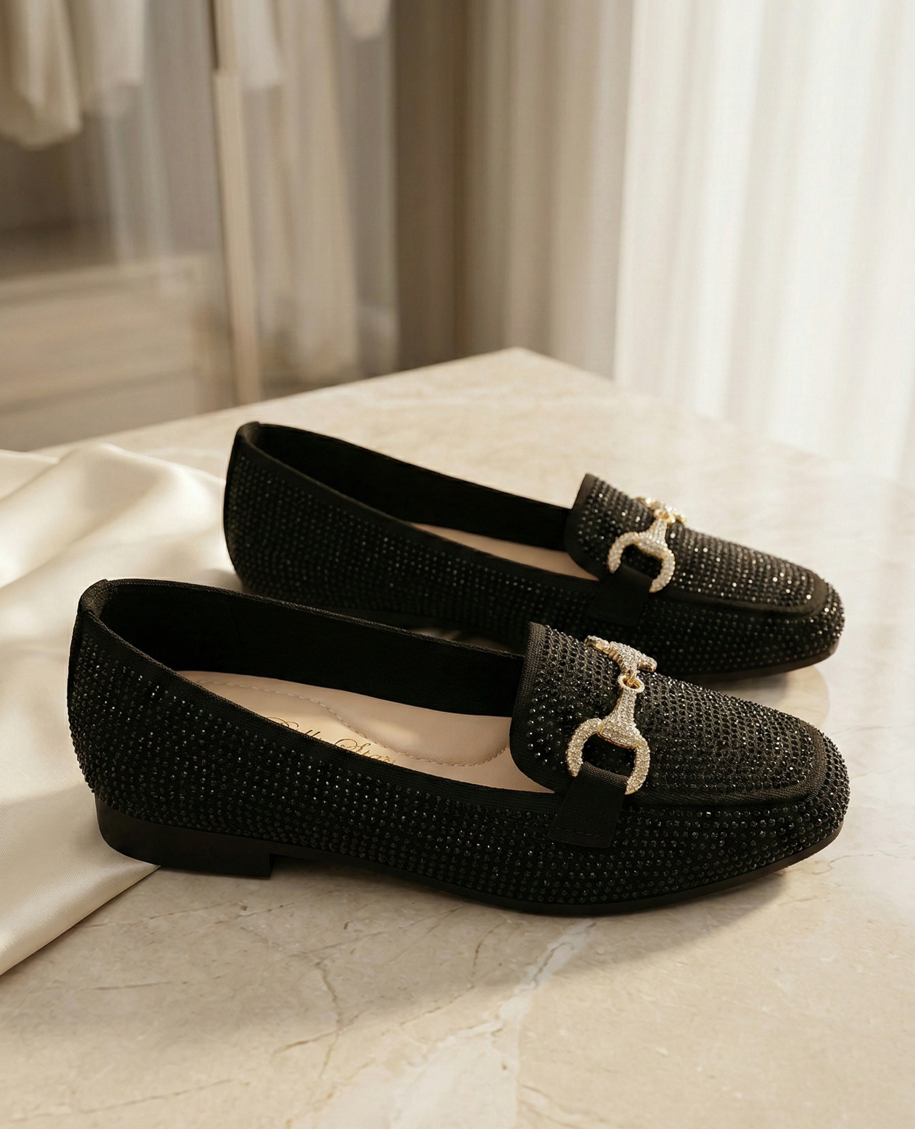 Mocassin Femme Noir à Strass - Modèle Midnight Sparkle avec Mors Bijou Doré