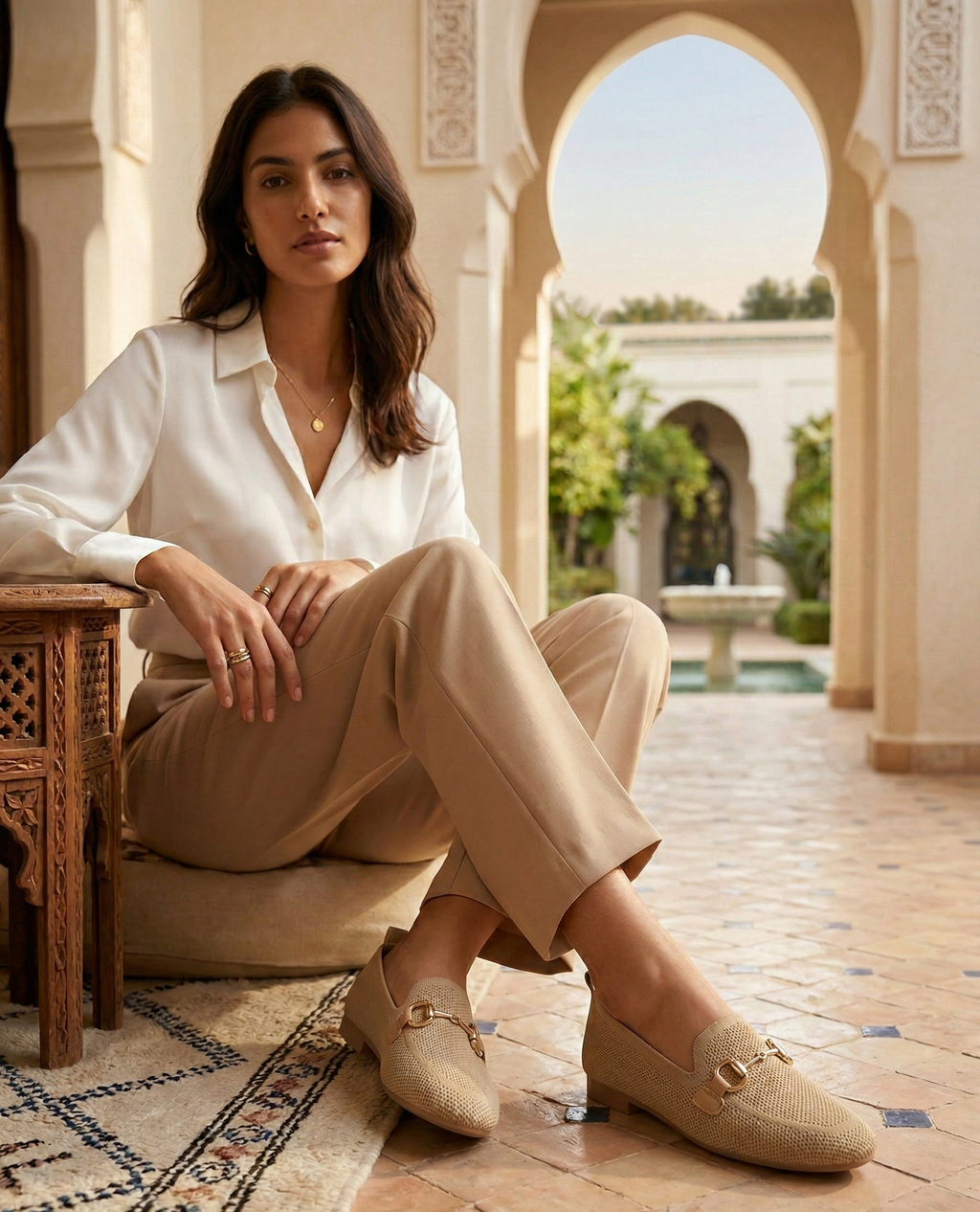 Mocassin Femme Maille Camel - Modèle Savannah avec Mors Doré