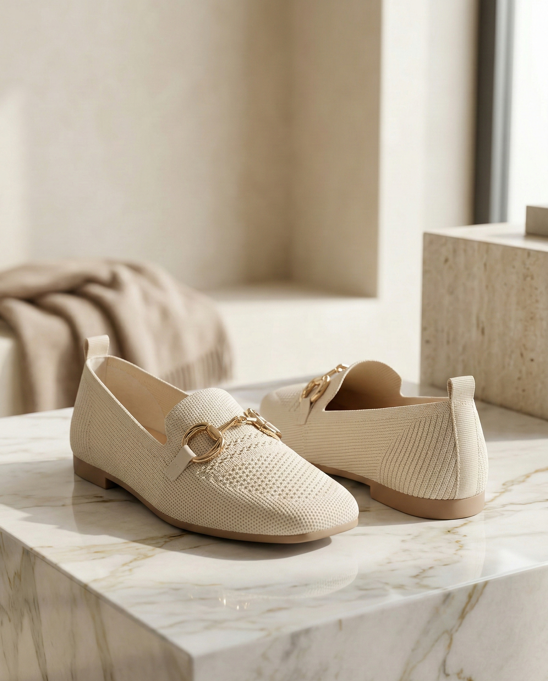 Mocassin Femme Maille Écru avec Mors Doré - Lumina