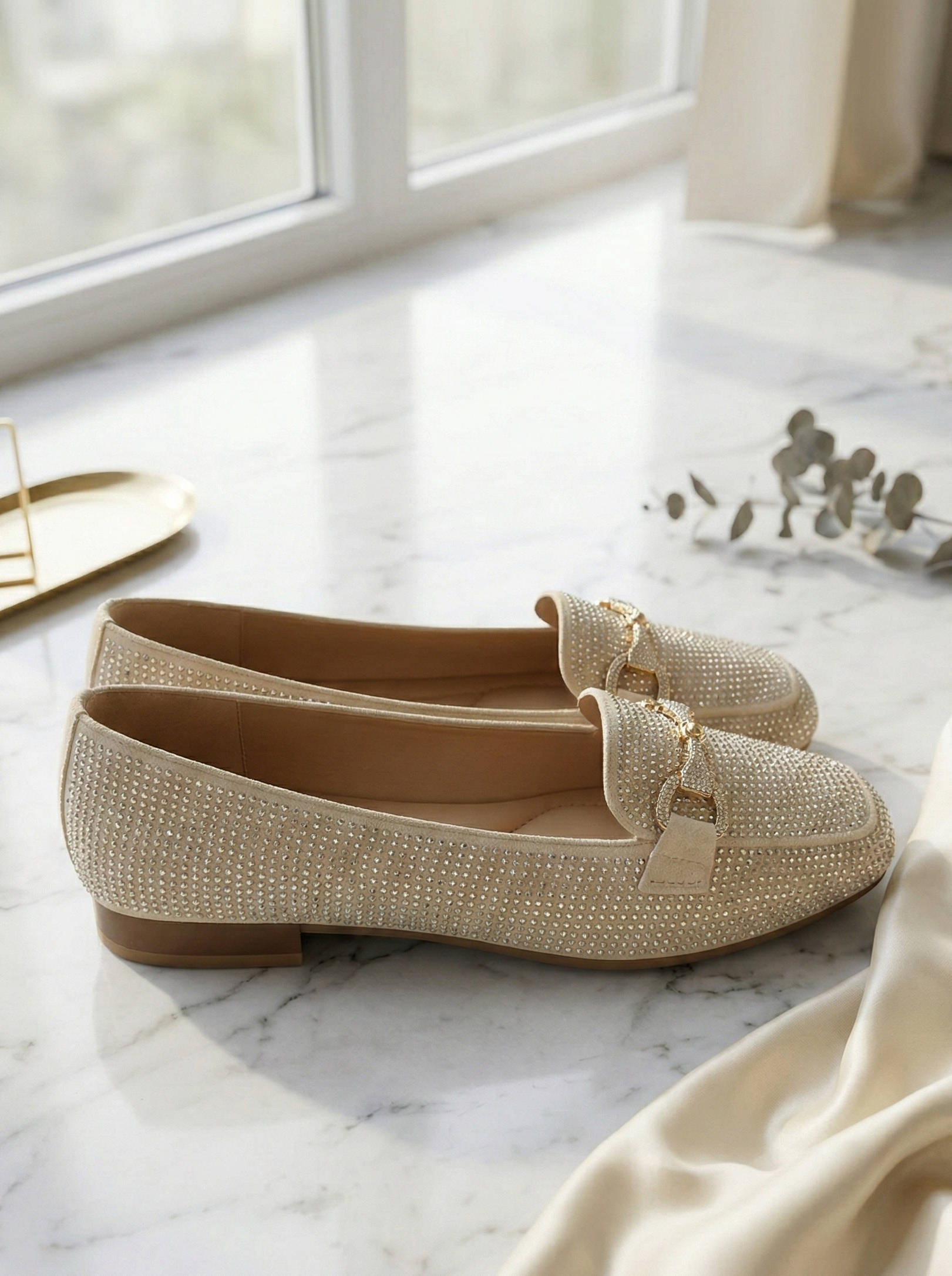 Mocassin Femme Beige Champagne à Strass - Modèle Stellaria