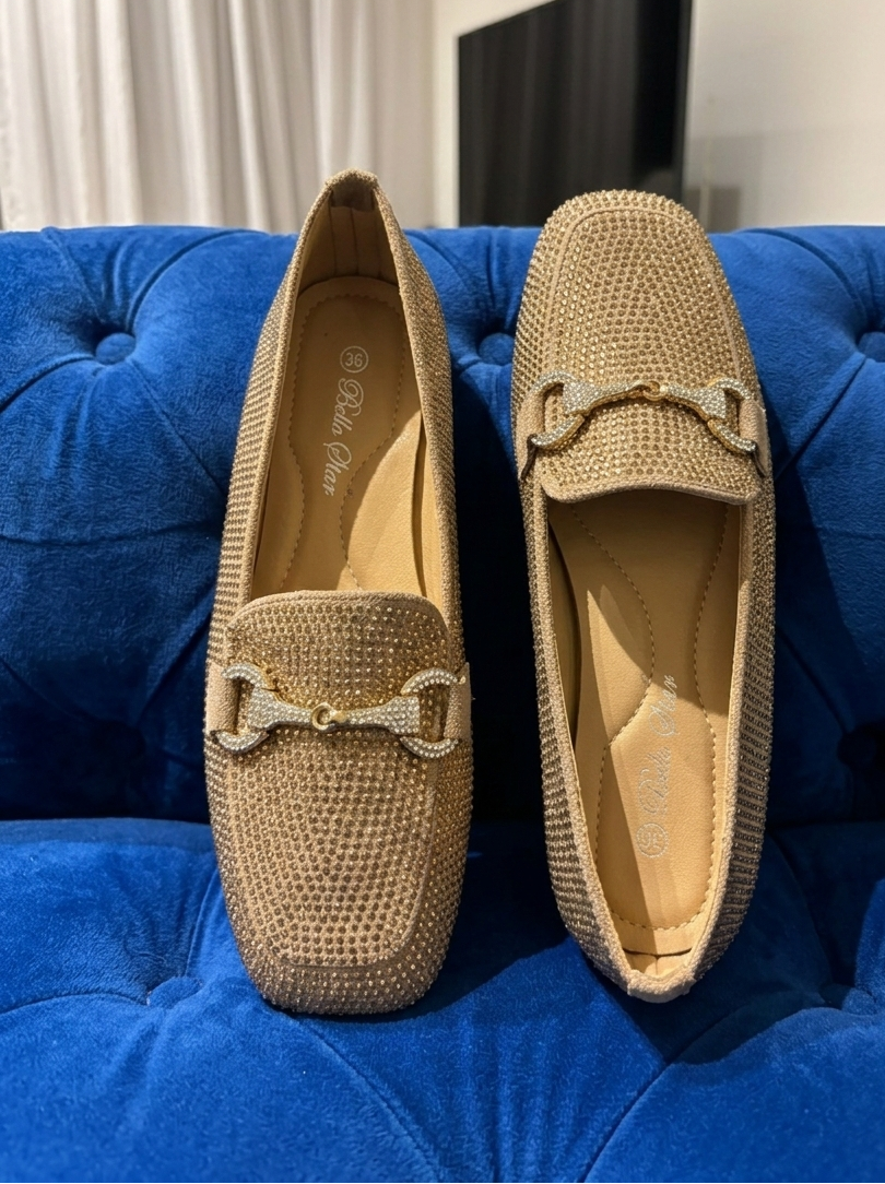 Mocassin Femme Doré à Strass - Modèle Aurelia avec Mors Bijou