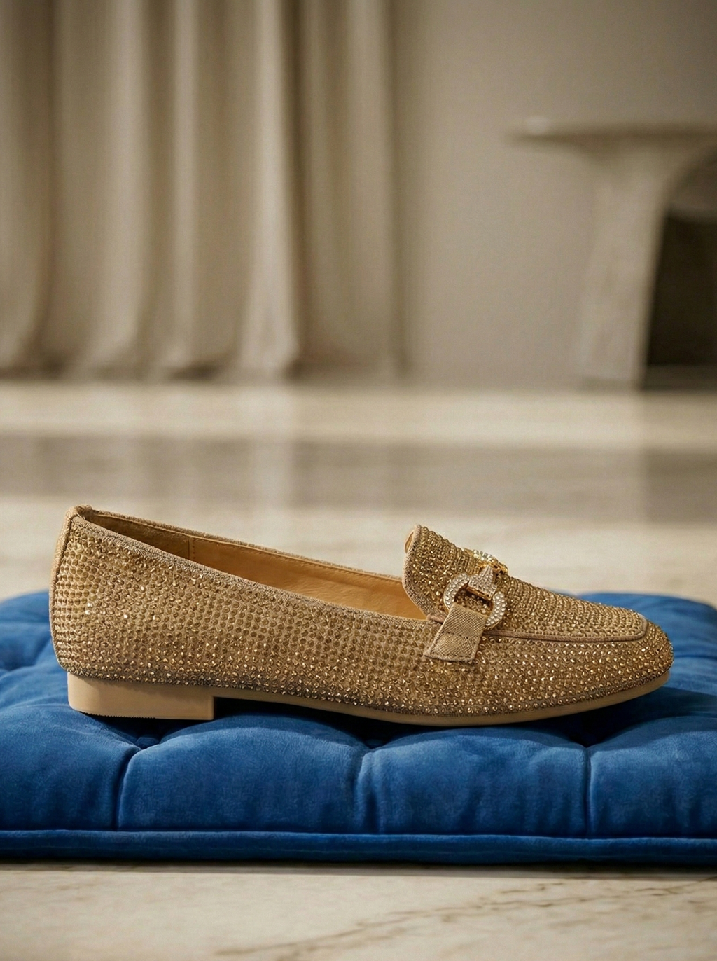 Mocassin Femme Doré à Strass - Modèle Aurelia avec Mors Bijou