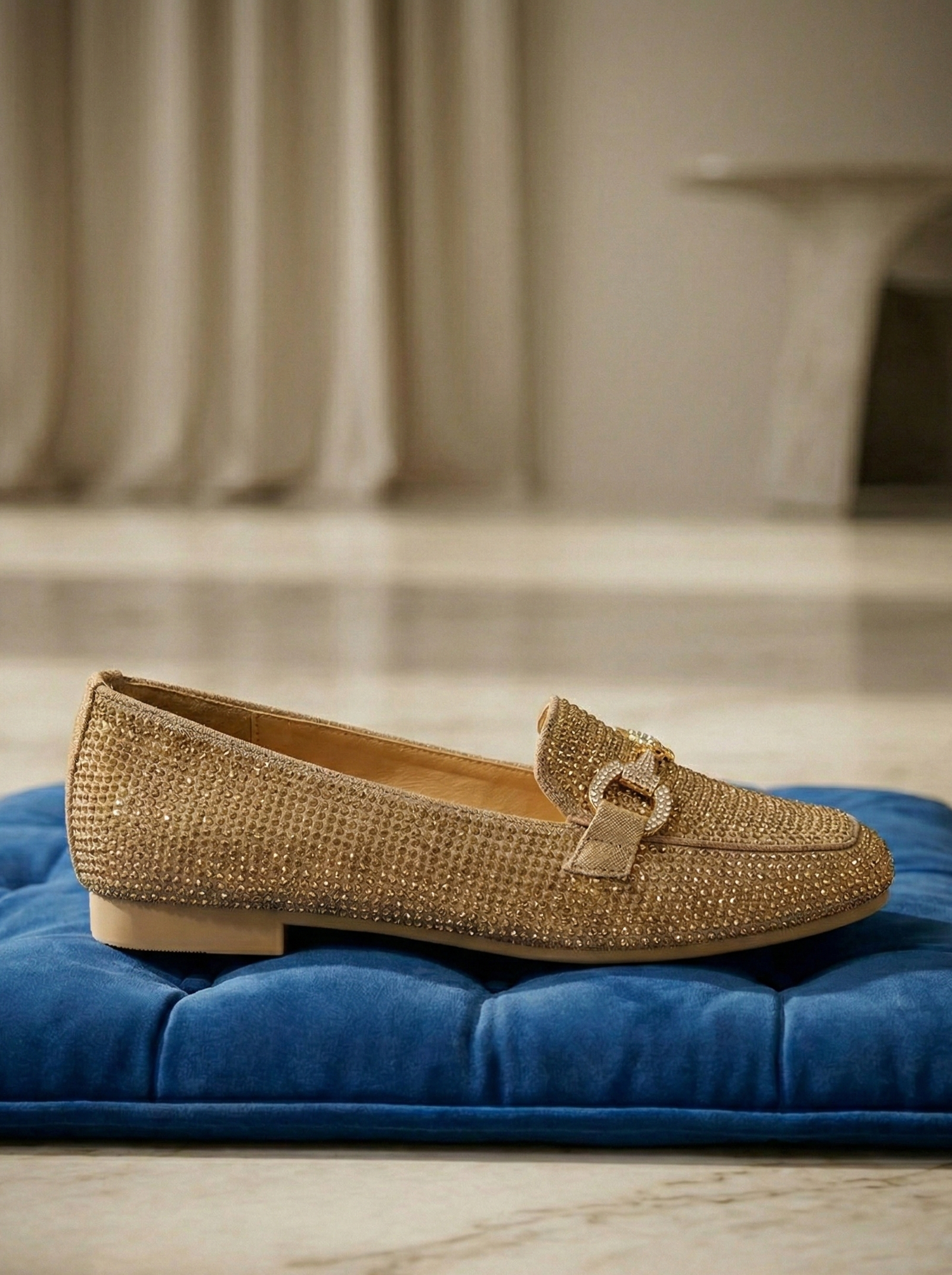 Mocassin Femme Doré à Strass - Modèle Aurelia avec Mors Bijou