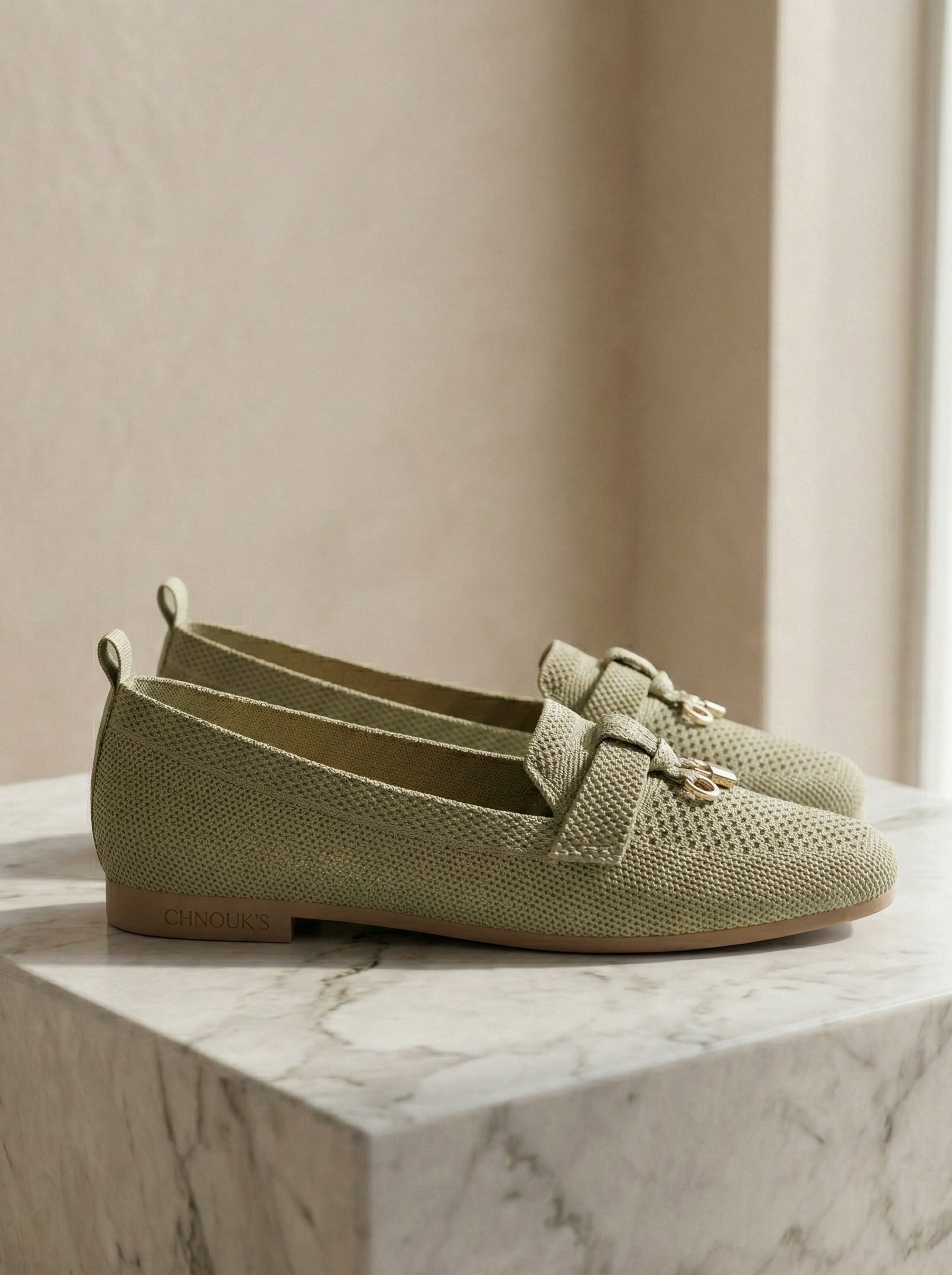 Mocassin Femme Maille Vert Sauge - Modèle Gaia avec Mors Cadenas Doré