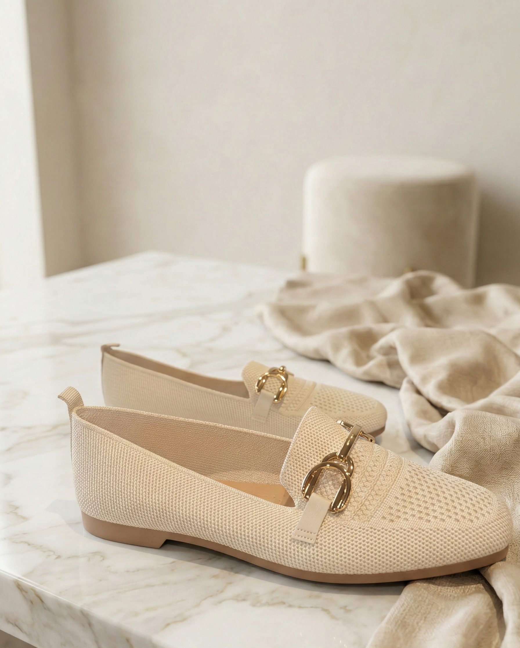 Mocassin Femme Maille Écru avec Mors Doré - Lumina