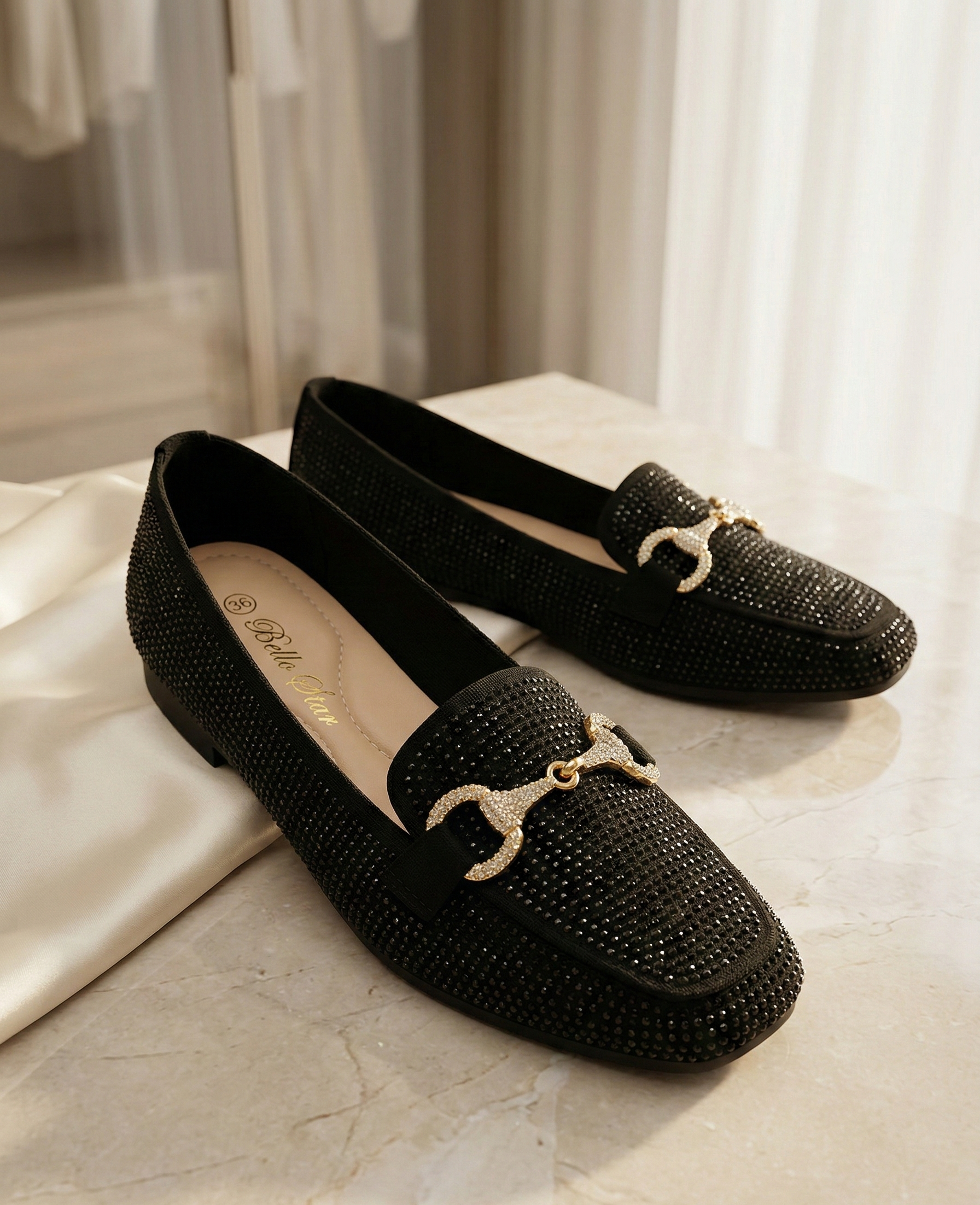 Mocassin Femme Noir à Strass - Modèle Midnight Sparkle avec Mors Bijou Doré