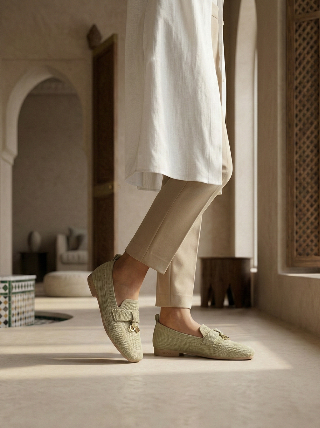 Mocassin Femme Maille Vert Sauge - Modèle Gaia avec Mors Cadenas Doré