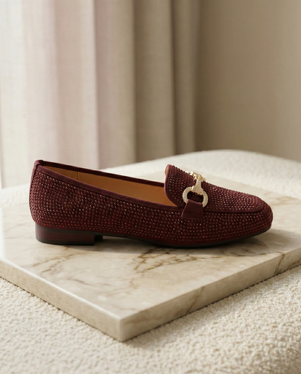 Mocassin Femme Bordeaux à Strass - Modèle Royale avec Mors Bijou Doré