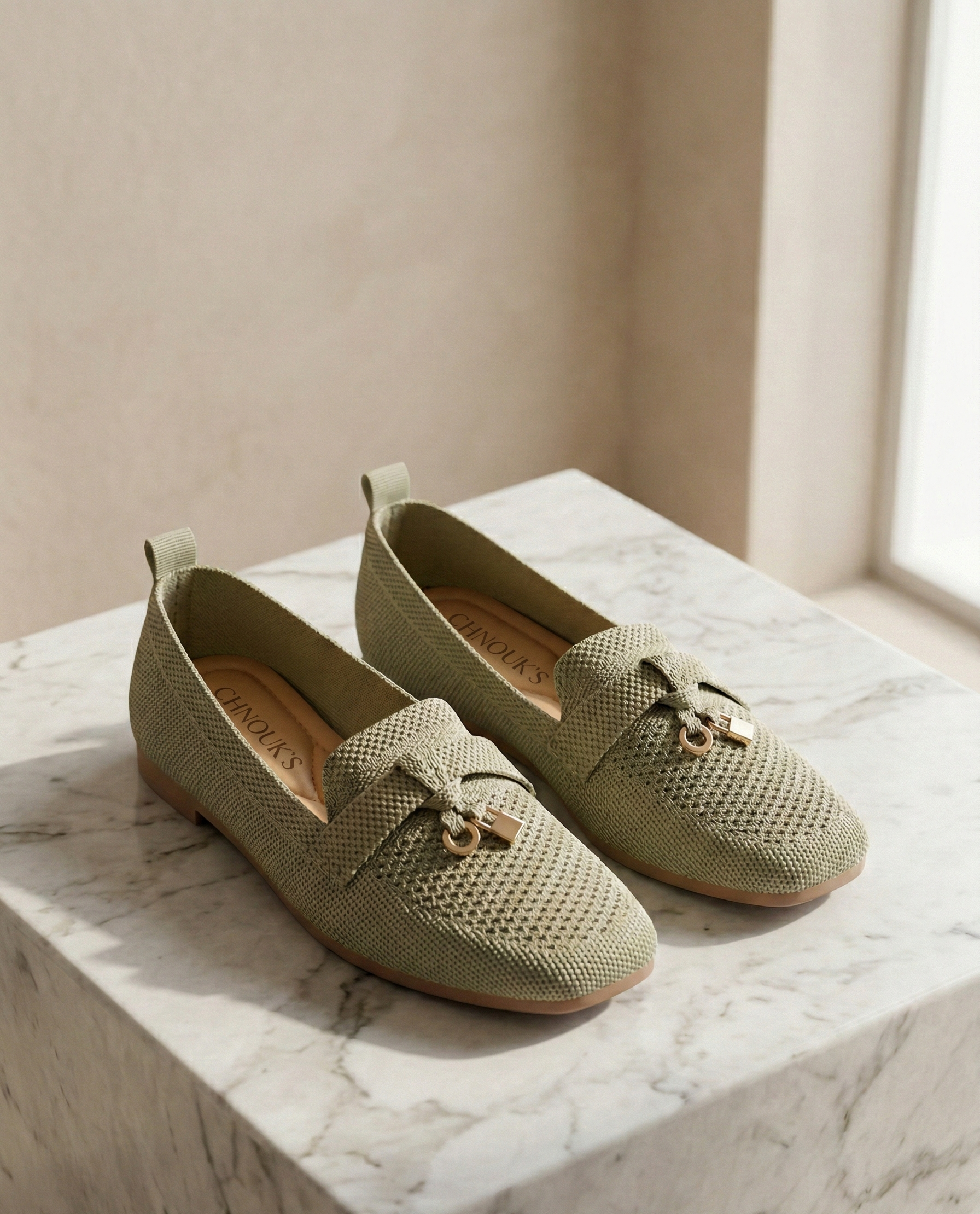 Mocassin Femme Maille Vert Sauge - Modèle Gaia avec Mors Cadenas Doré