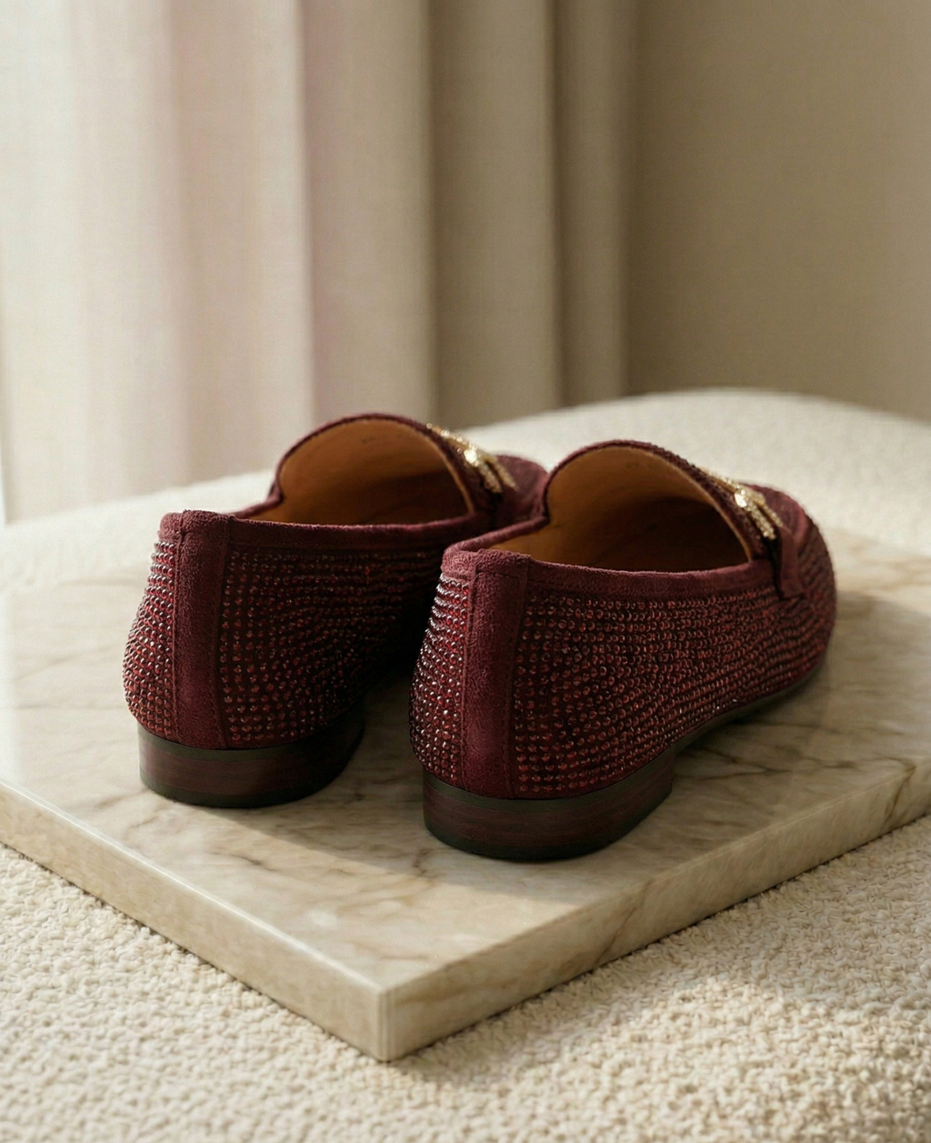 Mocassin Femme Bordeaux à Strass - Modèle Royale avec Mors Bijou Doré