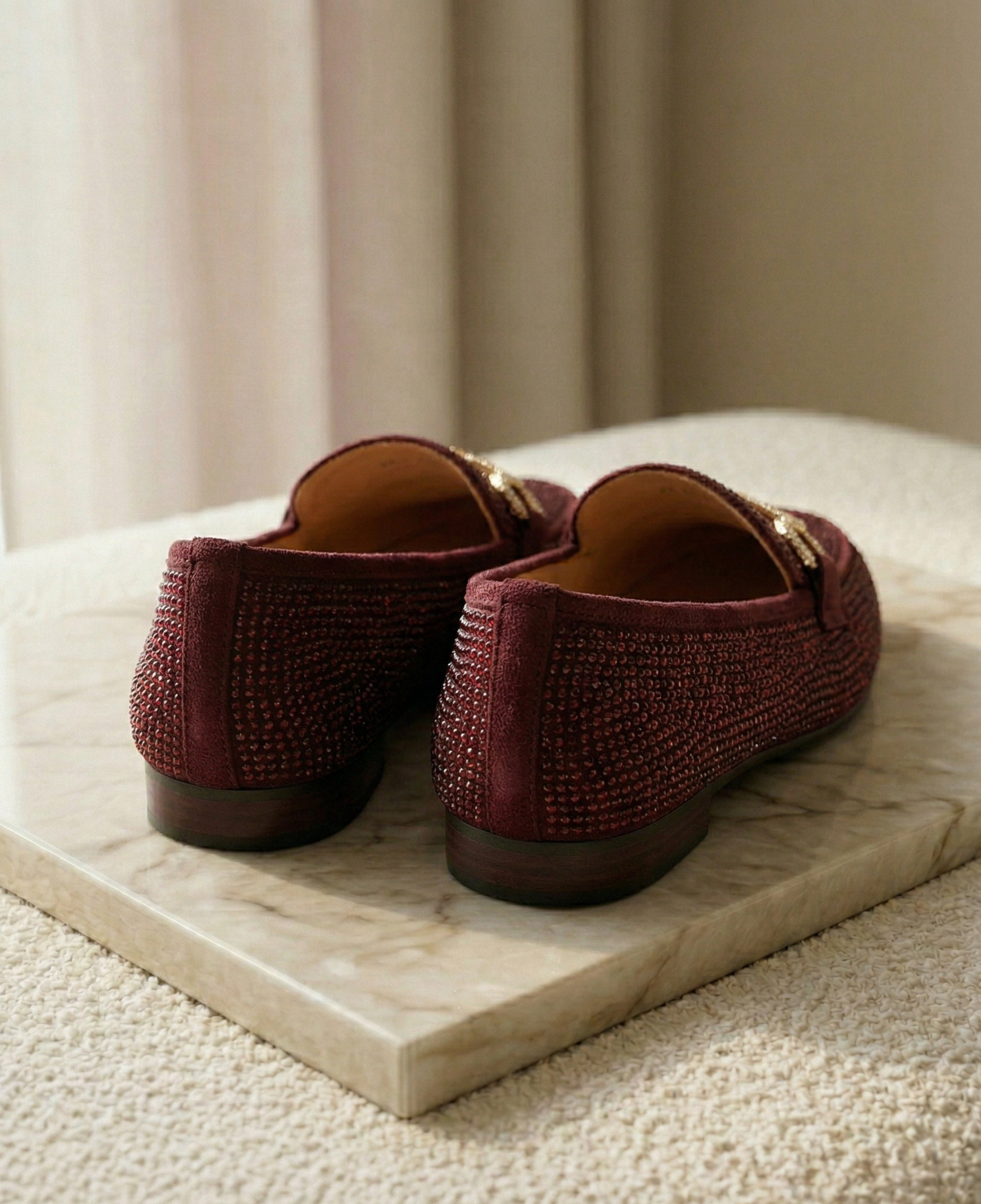 Mocassin Femme Bordeaux à Strass - Modèle Royale avec Mors Bijou Doré