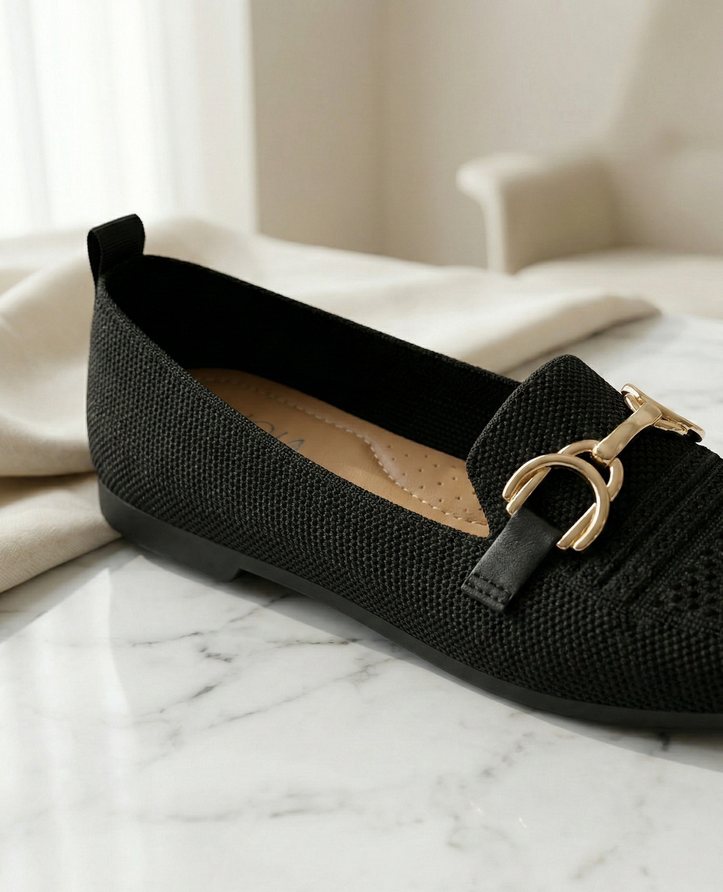 Mocassin Femme Maille Noire - Modèle Eclipse avec Mors Doré