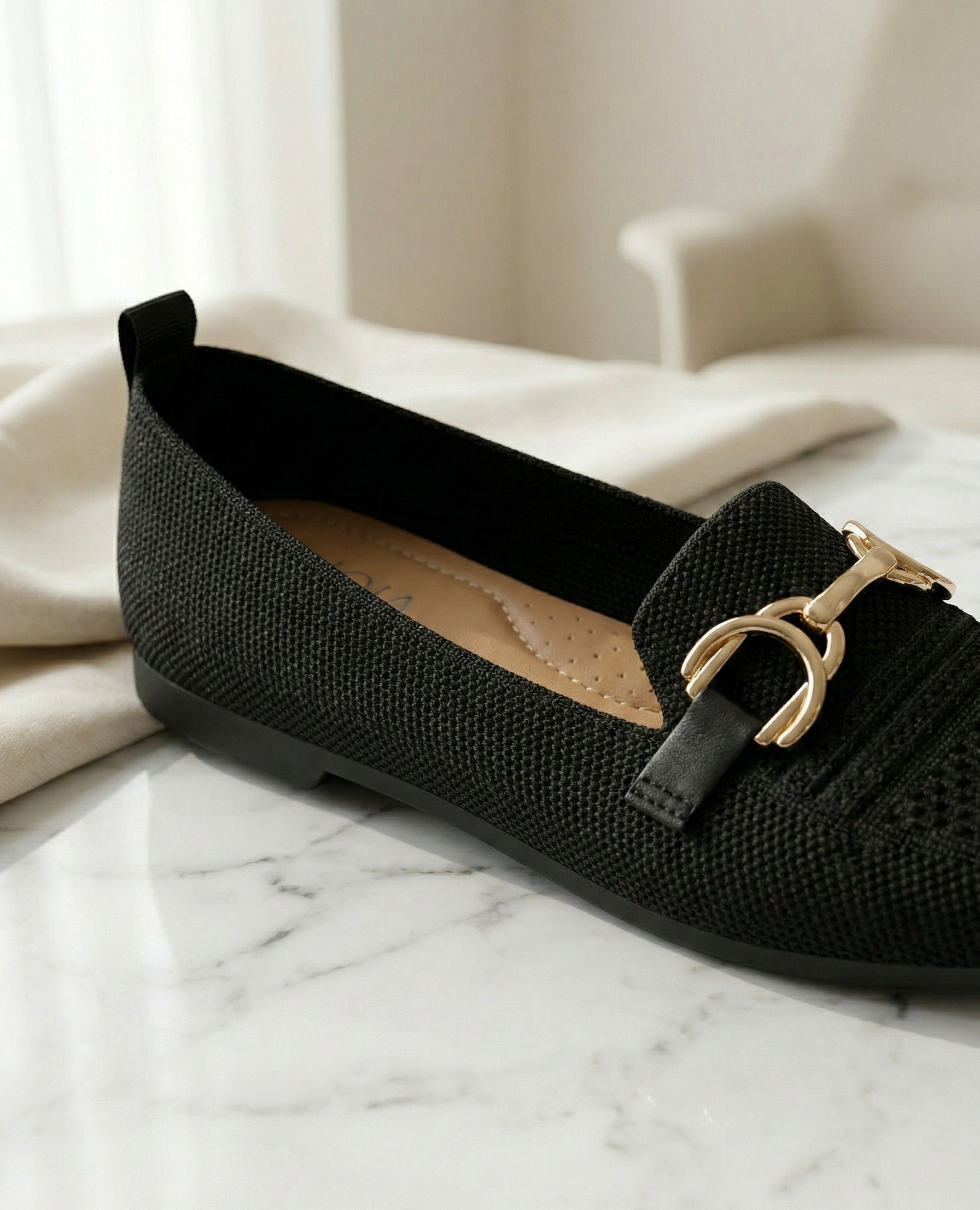 Mocassin Femme Maille Noire - Modèle Eclipse avec Mors Doré