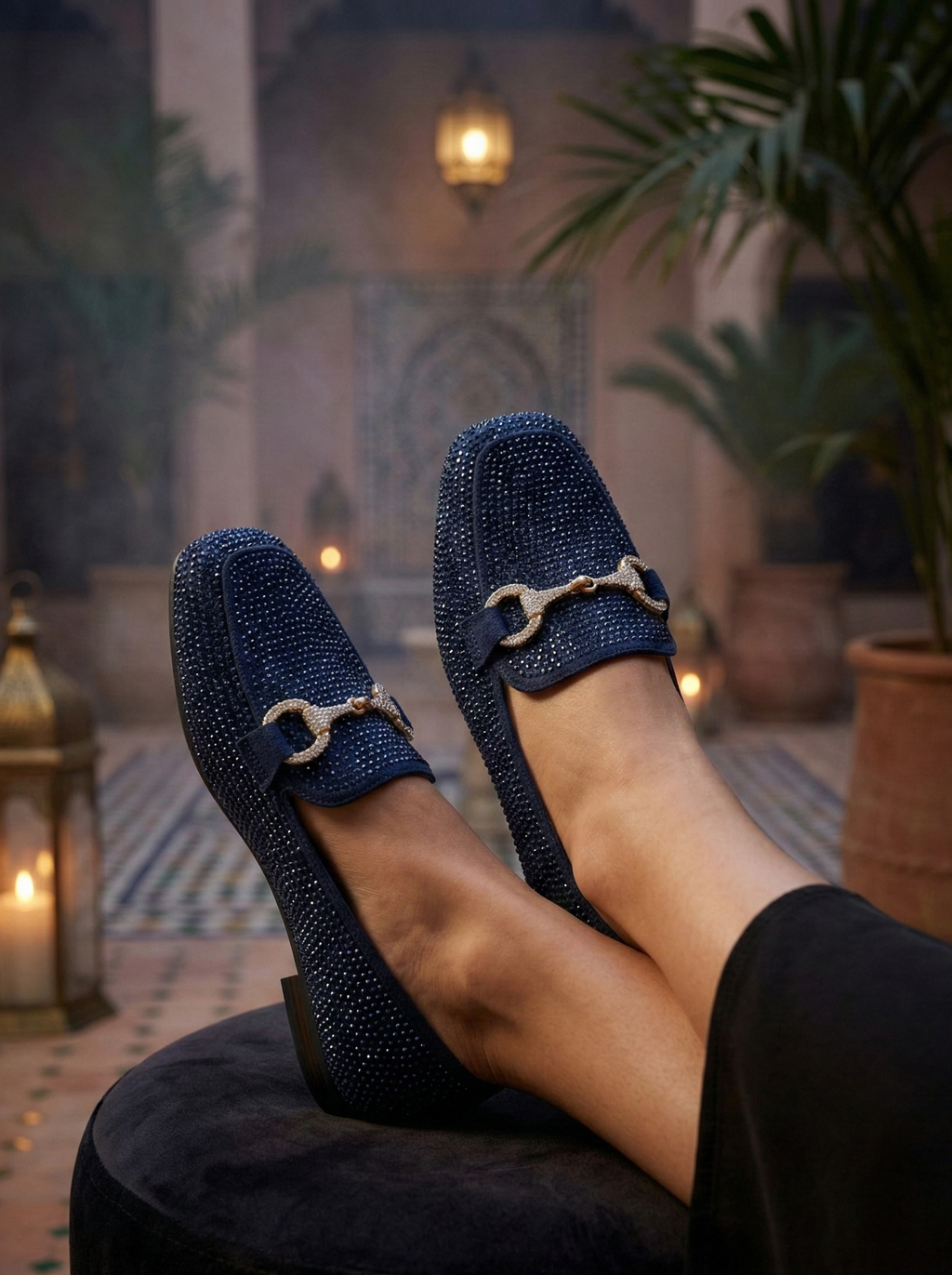 Mocassin Femme Bleu Marine Strass - Modèle Saphir avec Mors Bijou