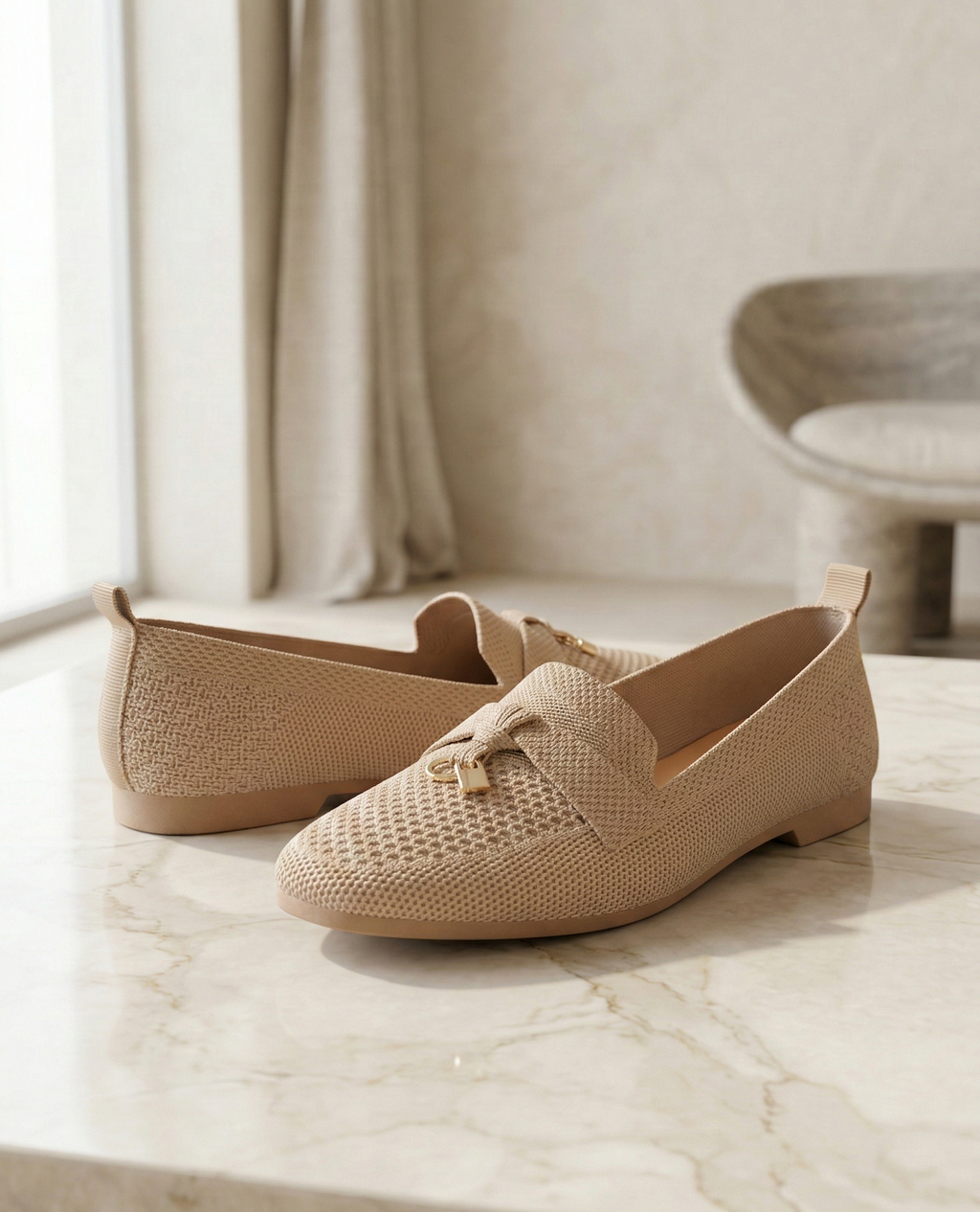 Mocassin Femme en Maille Chinée Sable - Modèle Heritage avec Mors Cadenas.