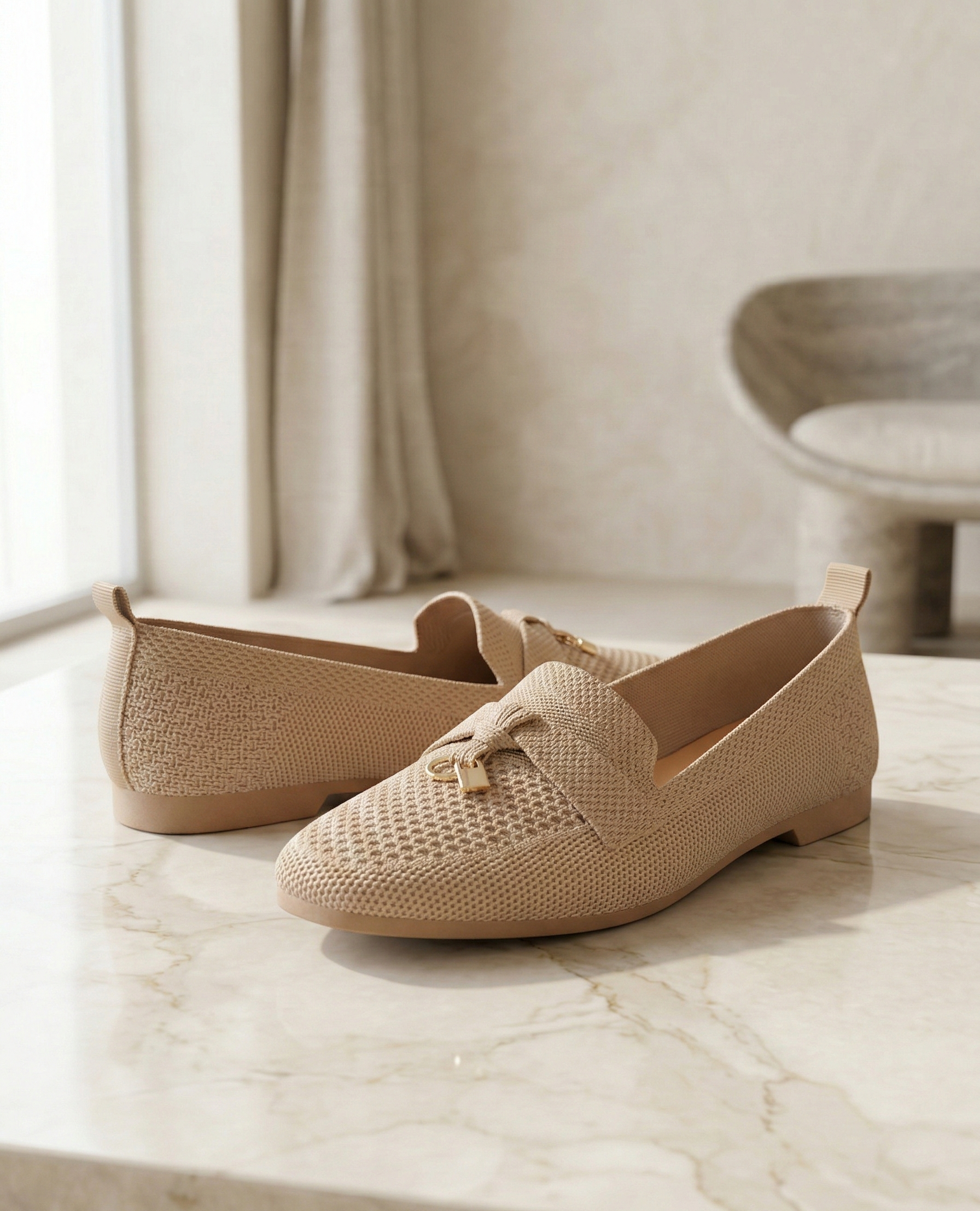 Mocassin Femme en Maille Chinée Sable - Modèle Heritage avec Mors Cadenas.