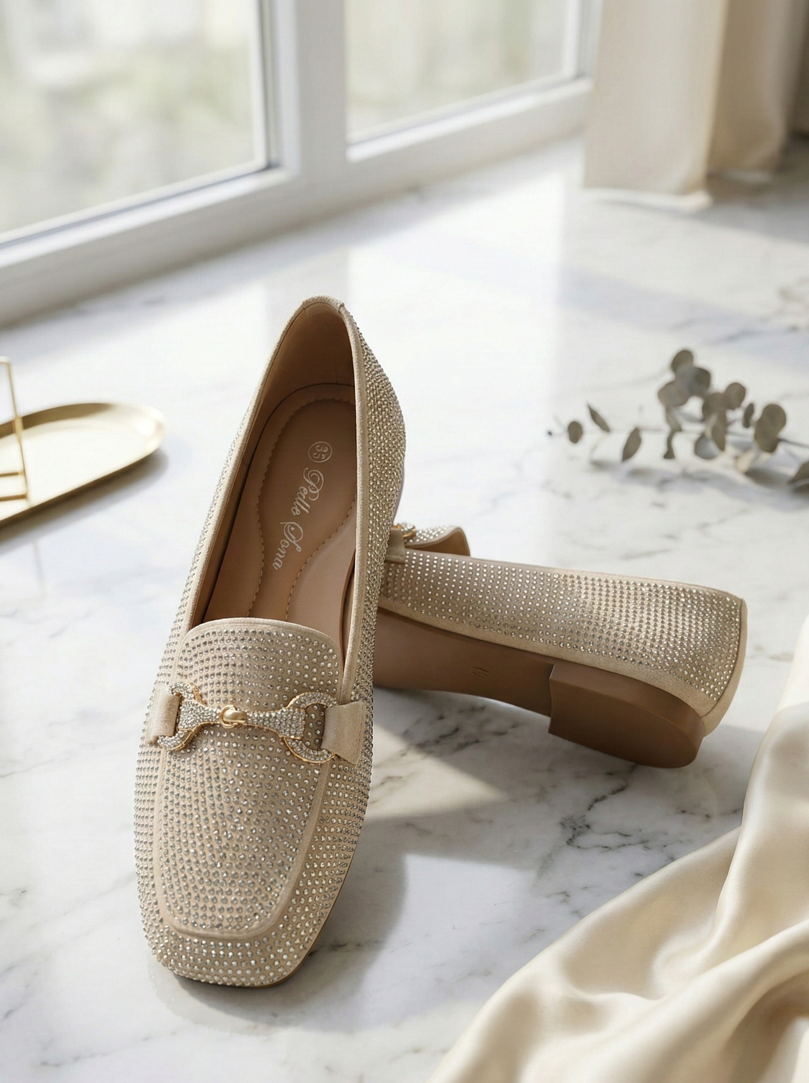 Mocassin Femme Beige Champagne à Strass - Modèle Stellaria