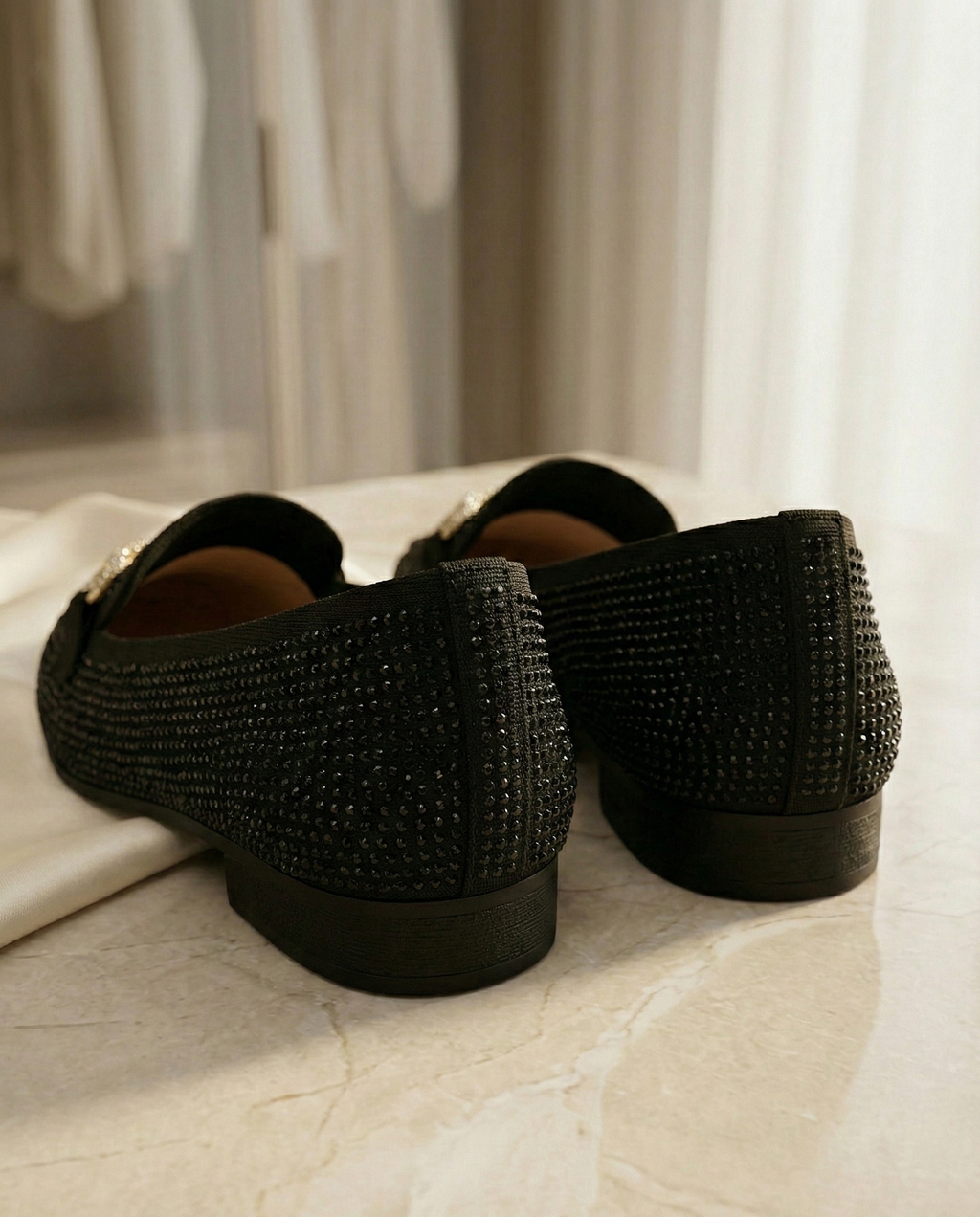 Mocassin Femme Noir à Strass - Modèle Midnight Sparkle avec Mors Bijou Doré