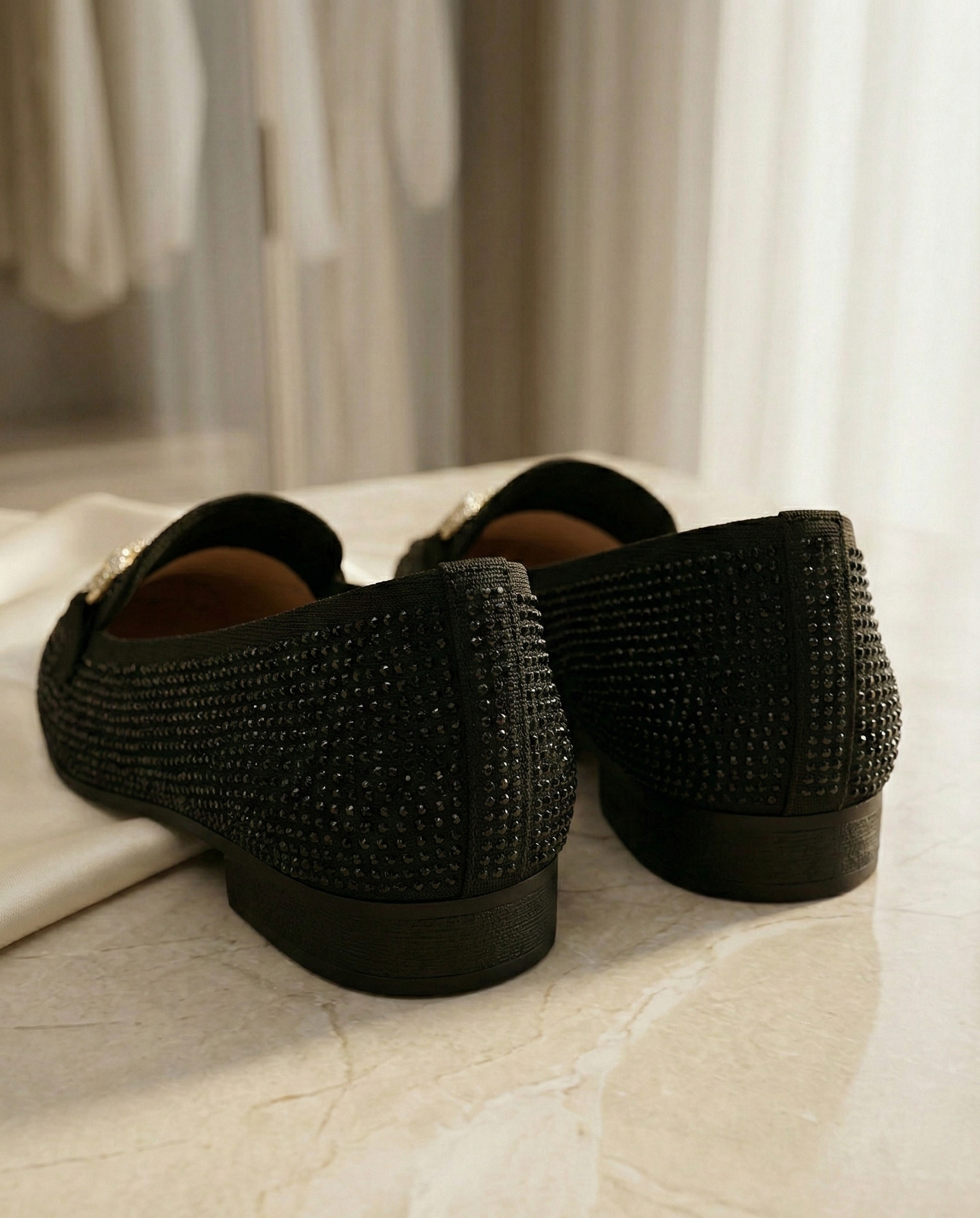 Mocassin Femme Noir à Strass - Modèle Midnight Sparkle avec Mors Bijou Doré