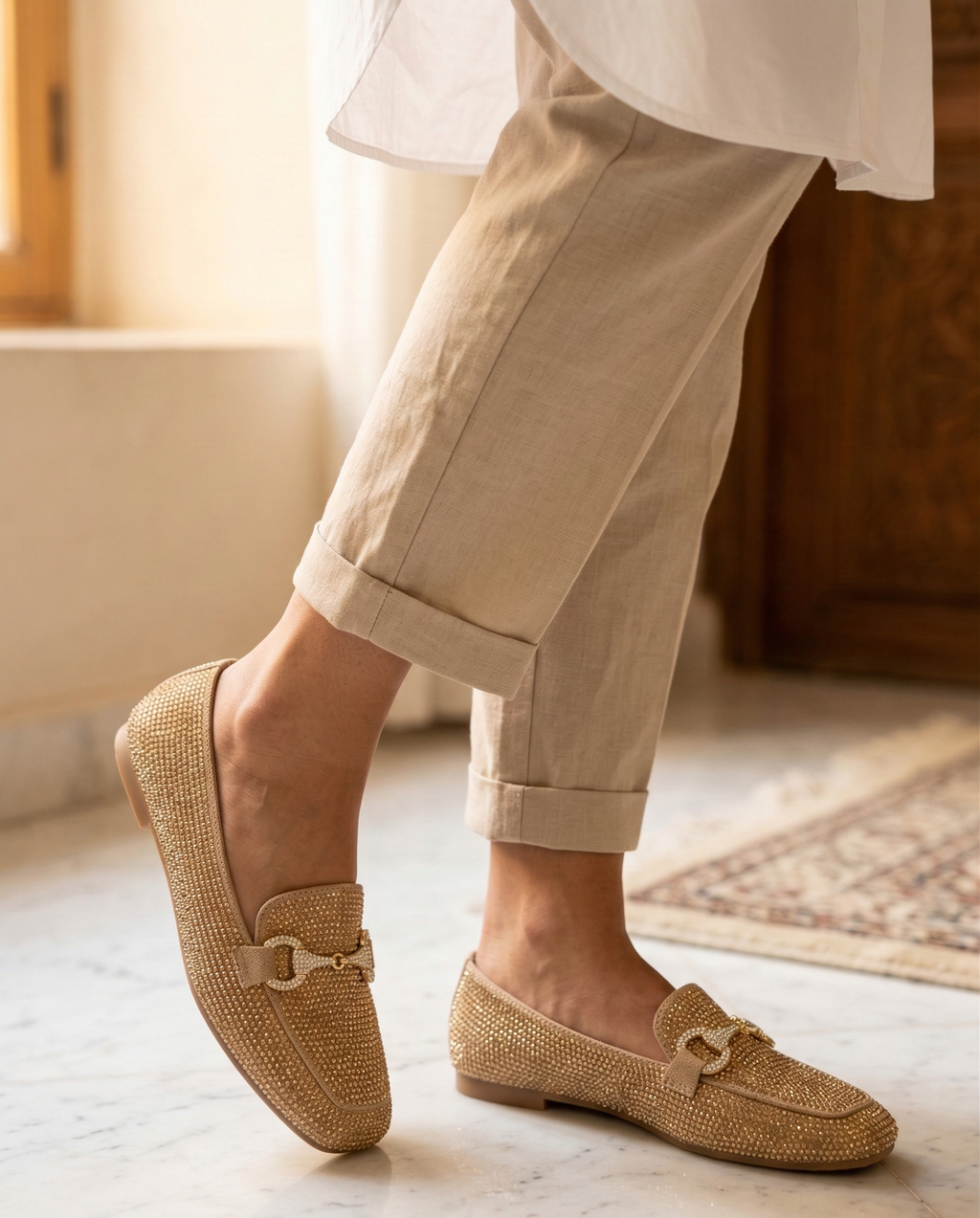 Mocassin Femme Doré à Strass - Modèle Aurelia avec Mors Bijou