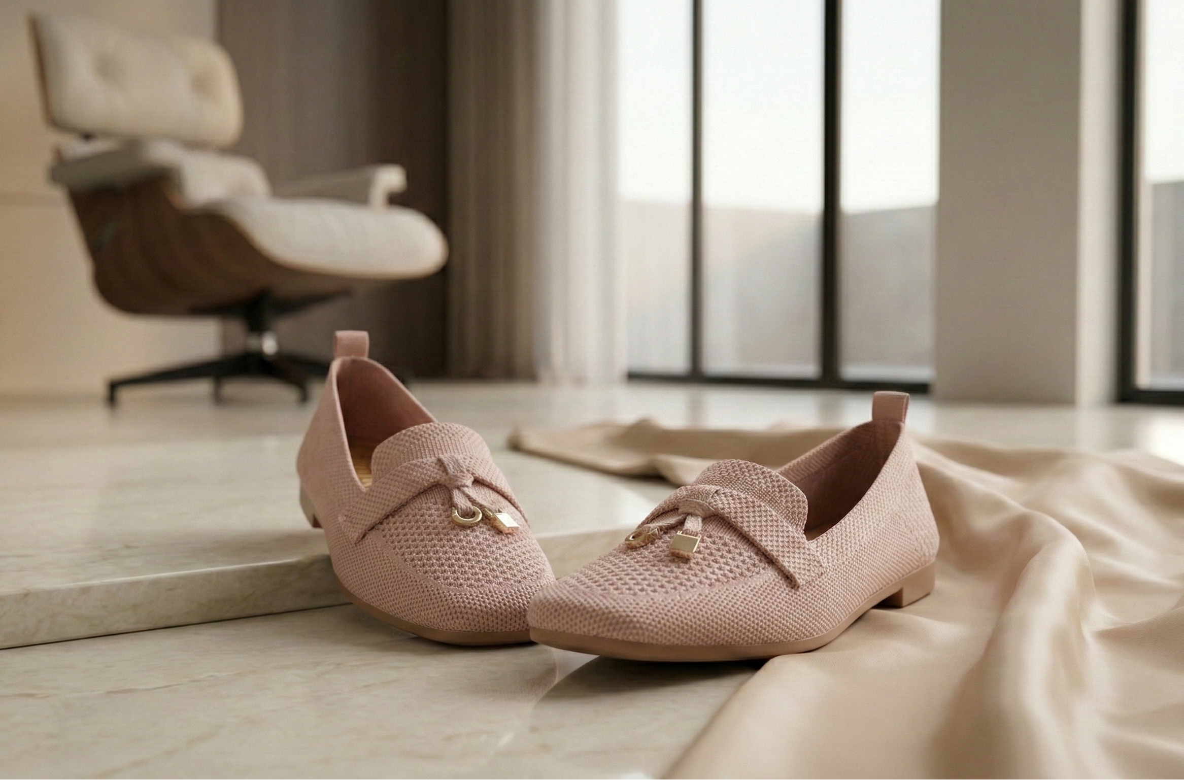 Mocassin Femme Maille Rose Poudré - Modèle Blush avec Mors Cadenas Doré