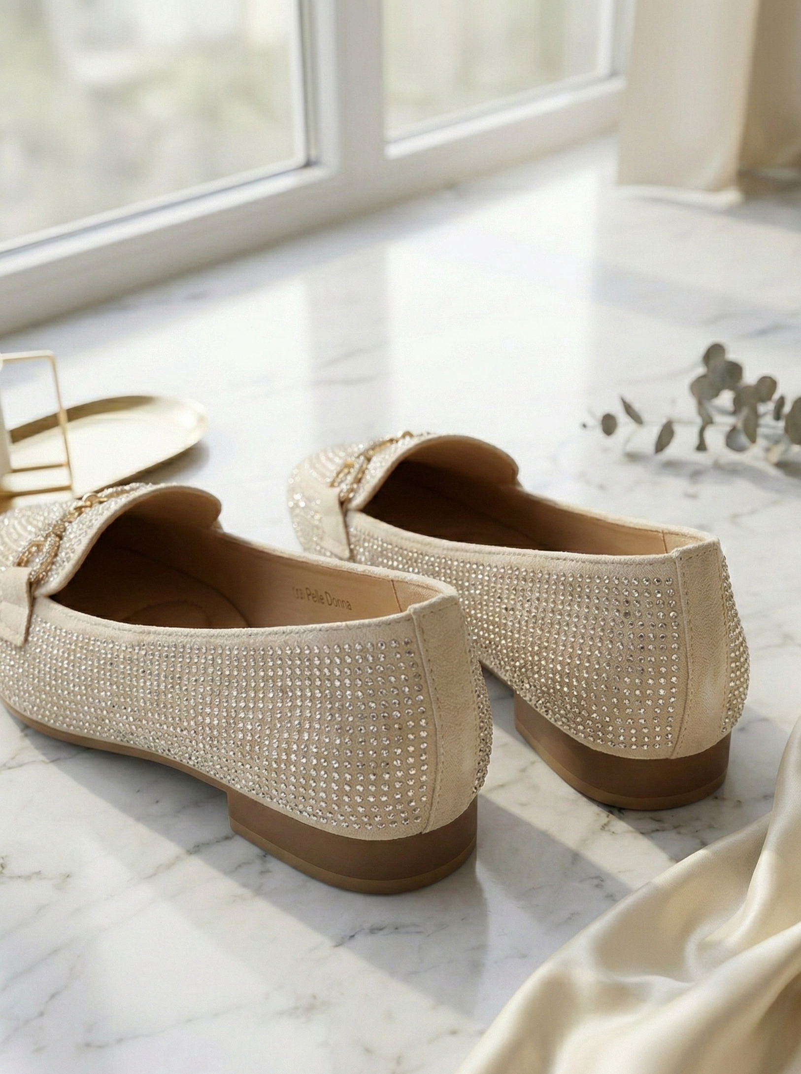 Mocassin Femme Beige Champagne à Strass - Modèle Stellaria