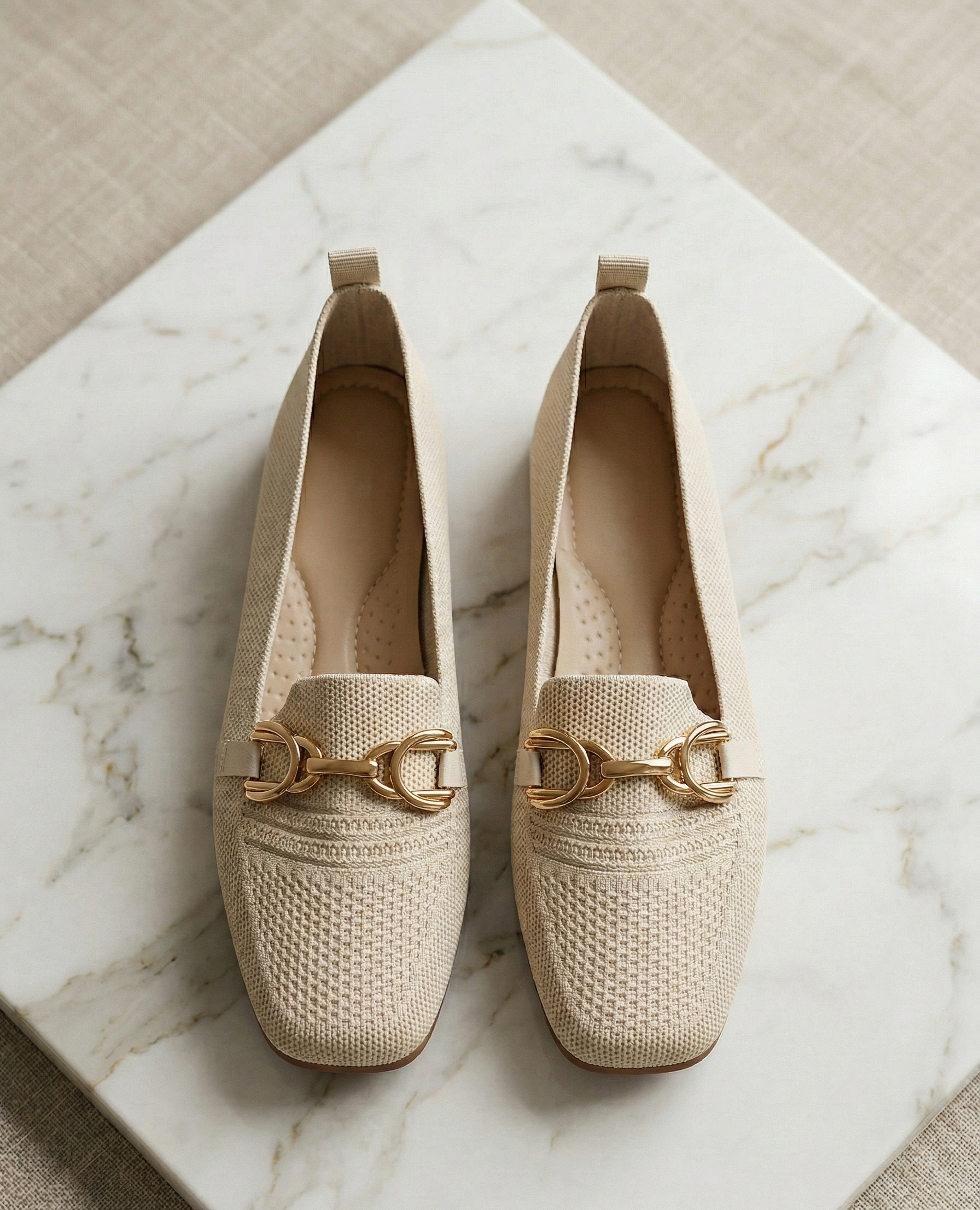 Mocassin Femme Maille Écru avec Mors Doré - Lumina