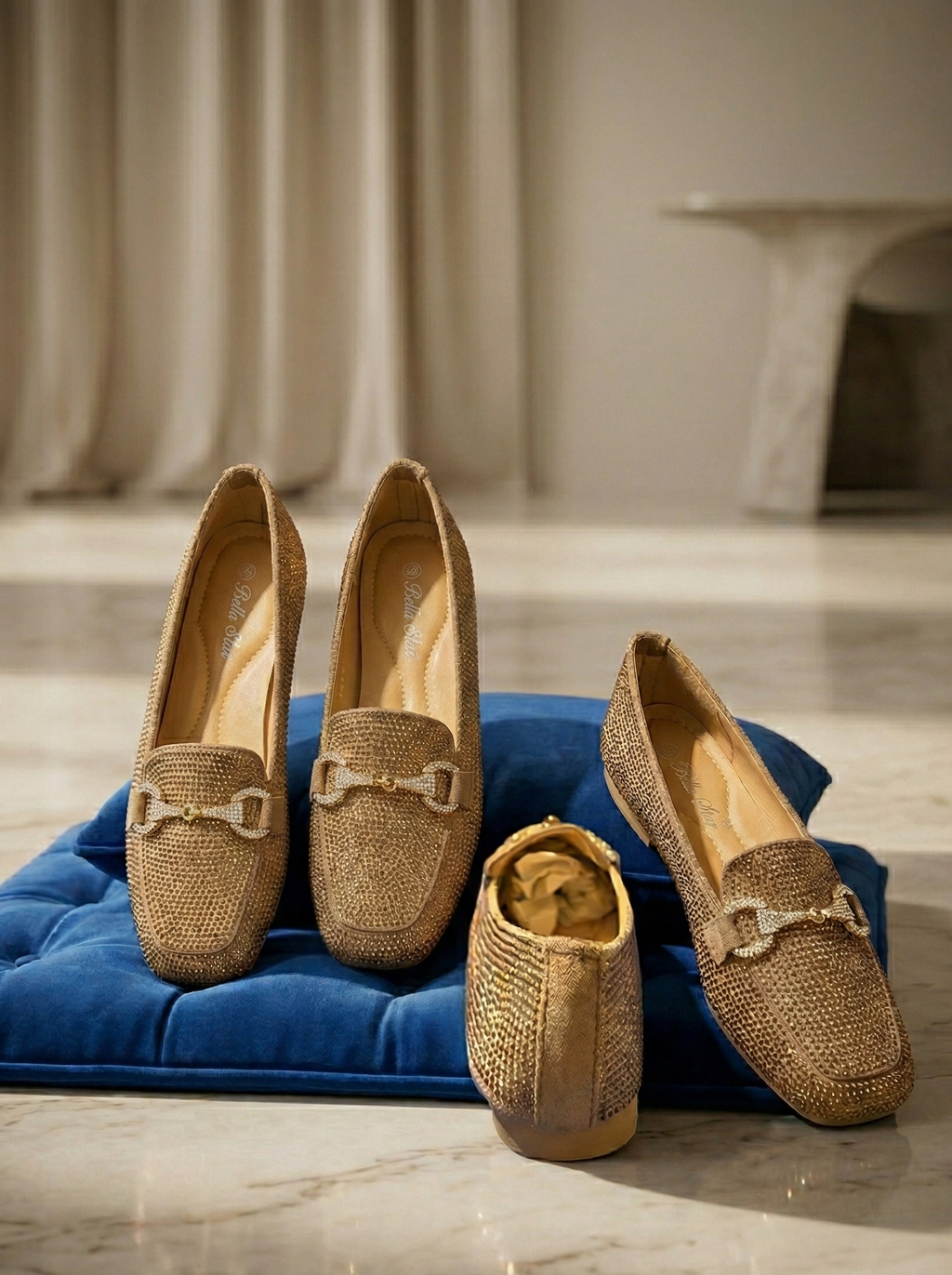 Mocassin Femme Doré à Strass - Modèle Aurelia avec Mors Bijou