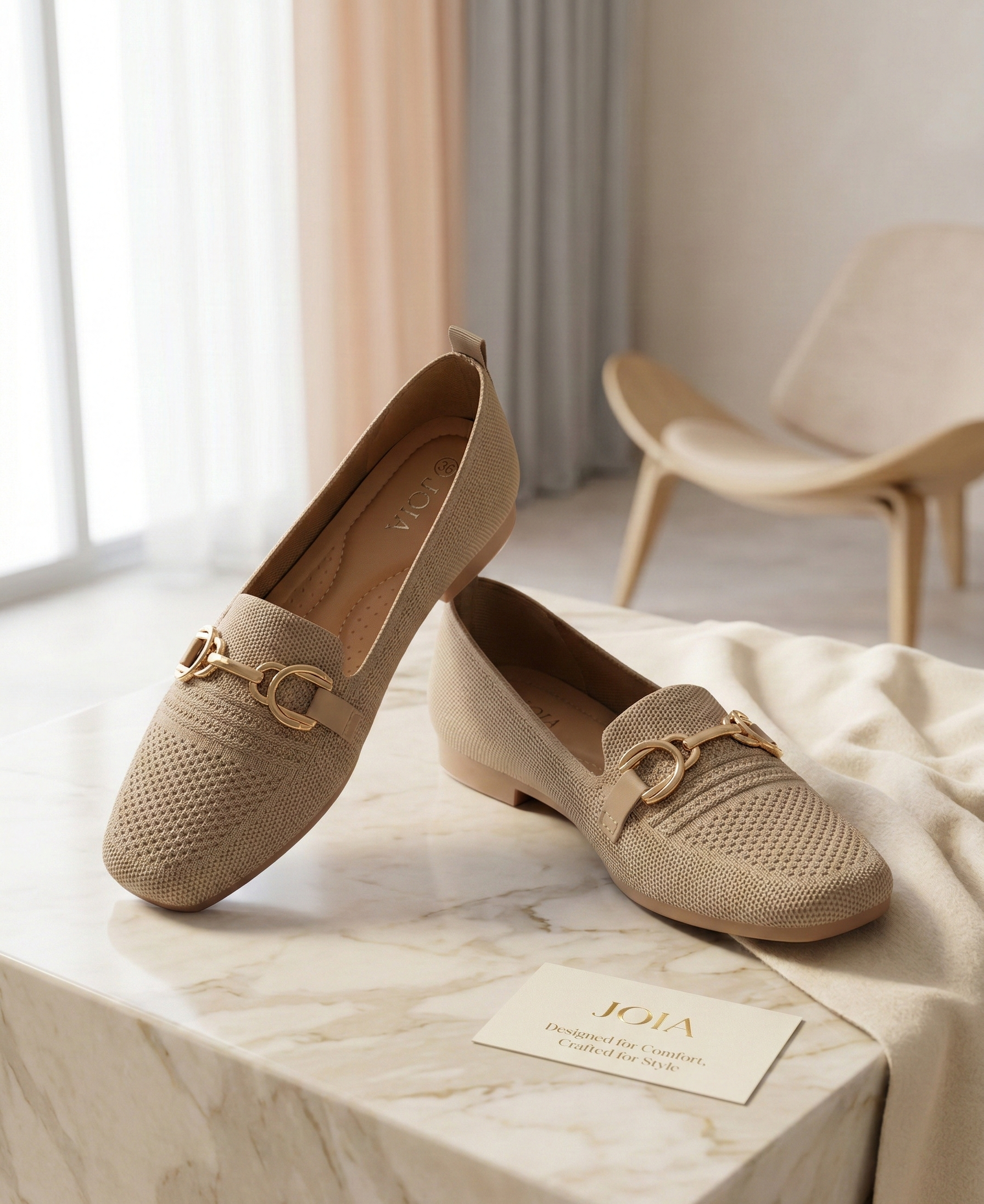 Mocassin Femme Maille Beige Naturel - Modèle Sienna avec Mors Doré